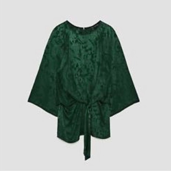 ZARA Green Jacquard Front Knot Blouse XL NWOT - Picture 2 of 12